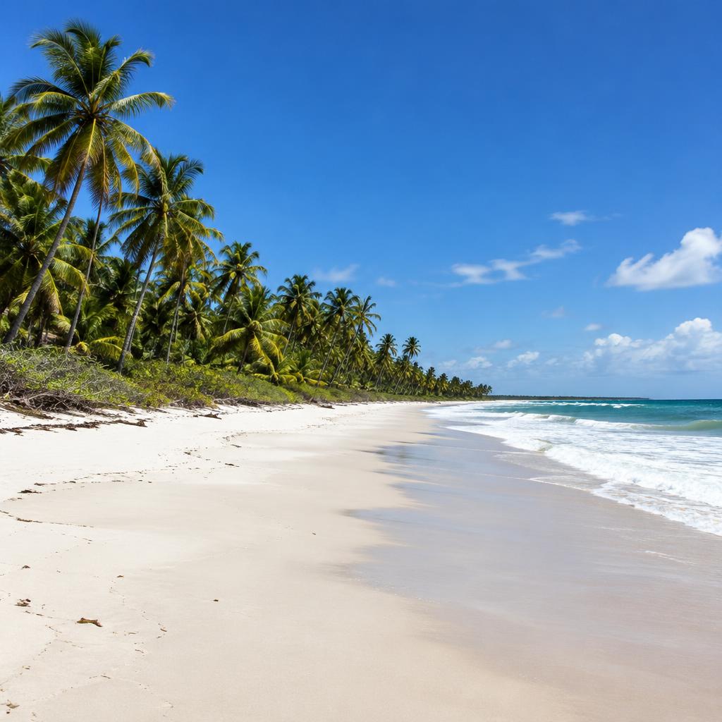 Praia de Algodões com areia branca e coqueiros